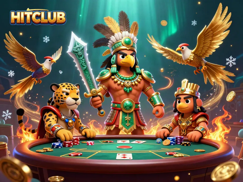 Engage with HITCLUB in an electrifying casino scene filled with Aztec warriors, gold, and dynamic game elements.