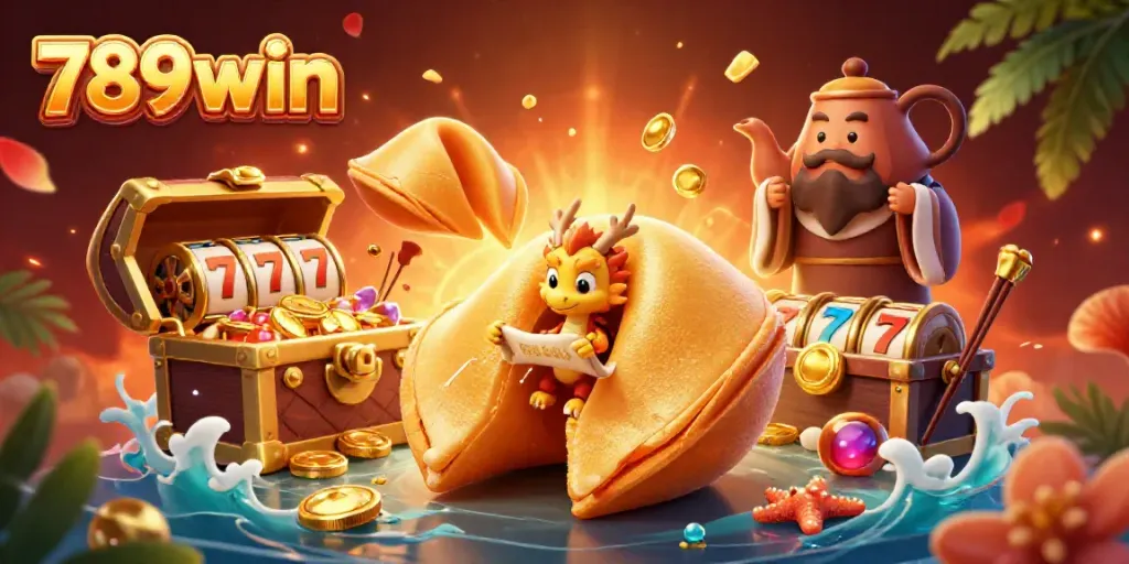A stunning 3D illustration of a giant fortune cookie and a dragon in a rich casino scene, emphasizing 789win.