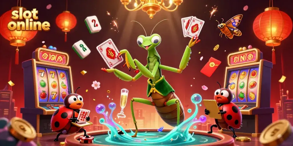 Bermain slot online dengan semangat, karakter kartun di kasino digital.