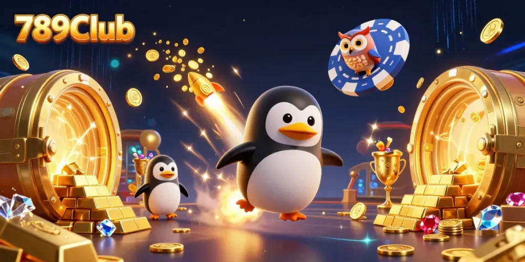 Experience thrilling gameplay at 789Club with a dazzling casino scene featuring a golden penguin and treasures.