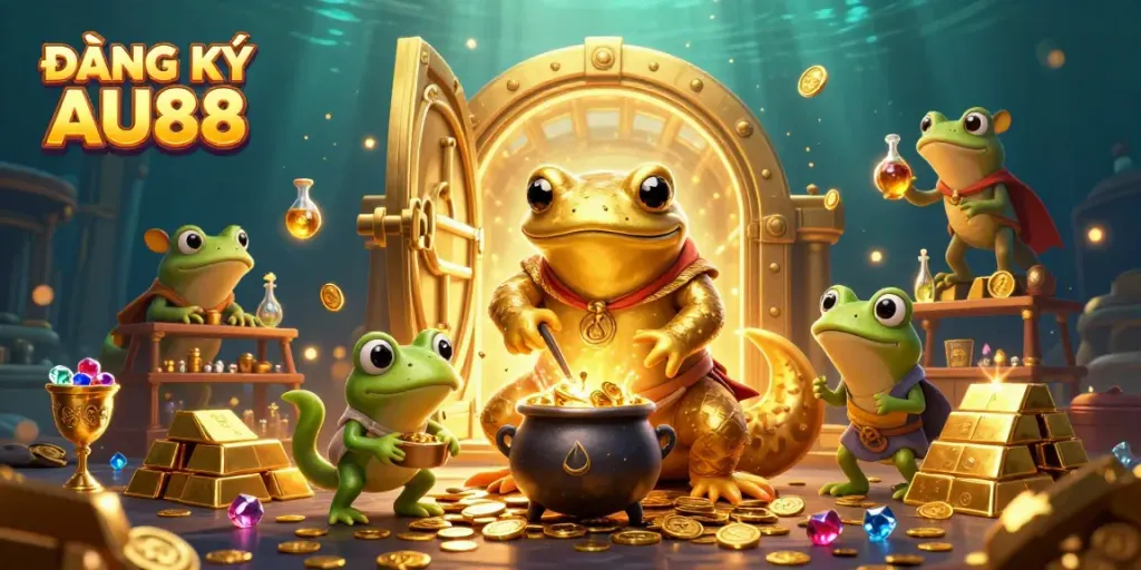 Register for AU88 and experience vibrant online casino gaming with golden illustrations and exciting elements.