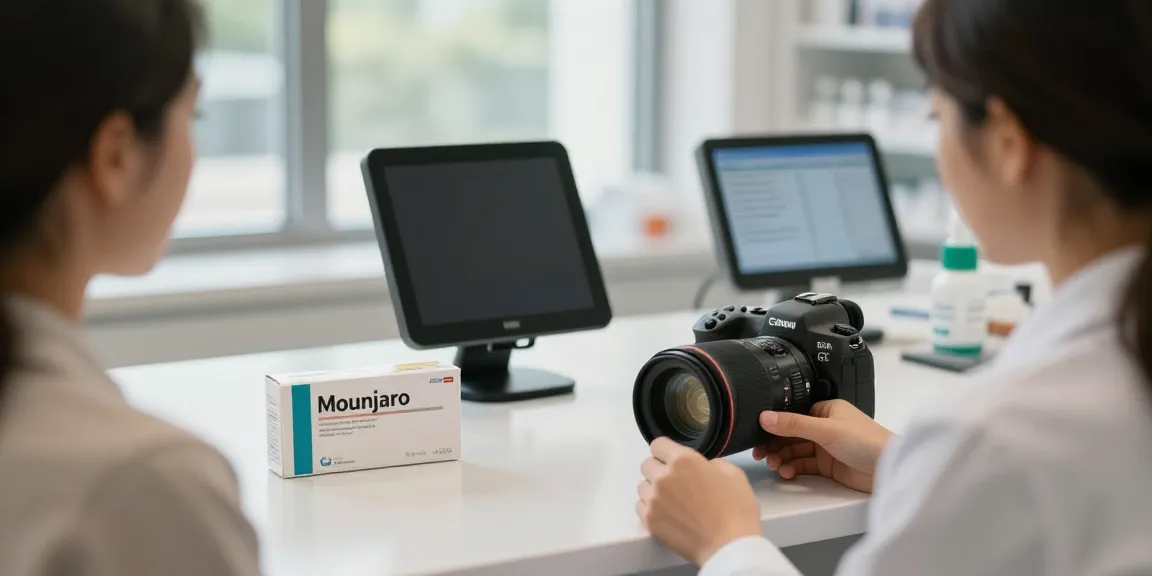 Mounjaro 10 mg Prezzo displayed in a modern pharmacy consultation, showcasing a pharmacy professional assisting a patient.