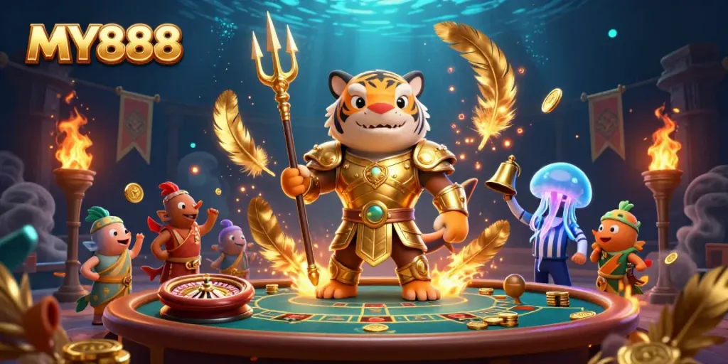 Engage in thrilling online gaming with MY888's dynamic casino showdown featuring vibrant 3D characters.