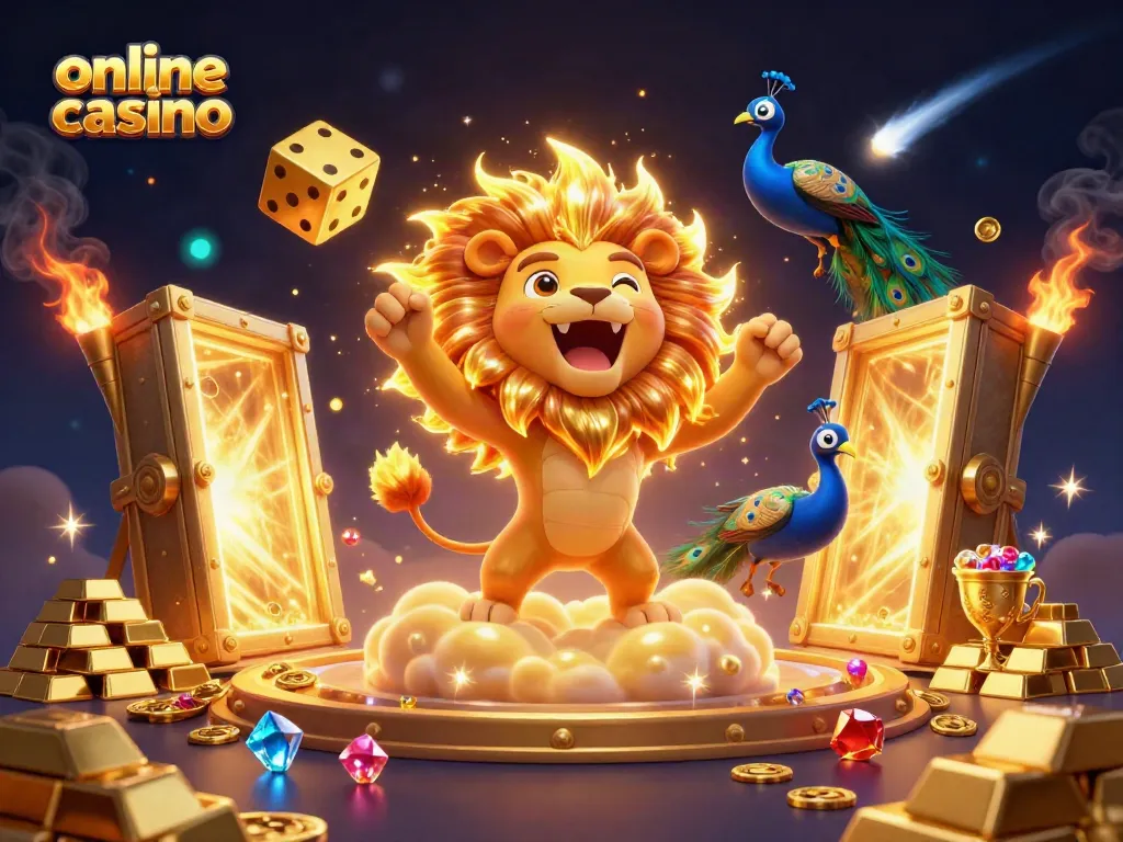 Experience thrilling fun at an online casino with exciting golden elements and a majestic sun lion.