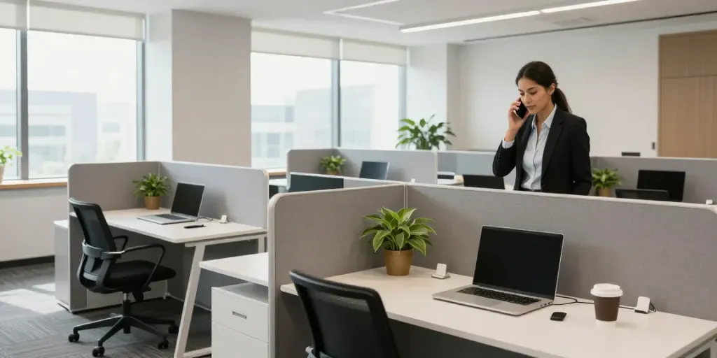Stylish پارتیشن اداری enhancing a modern office workspace with elegant design and natural light.