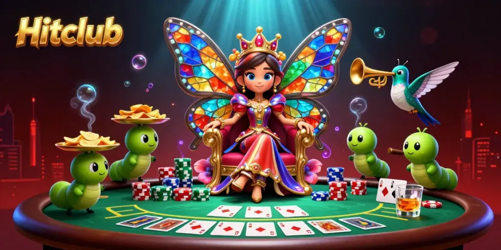 Hitclub casino scene with a butterfly queen and poker elements illustrating a vibrant gaming atmosphere.