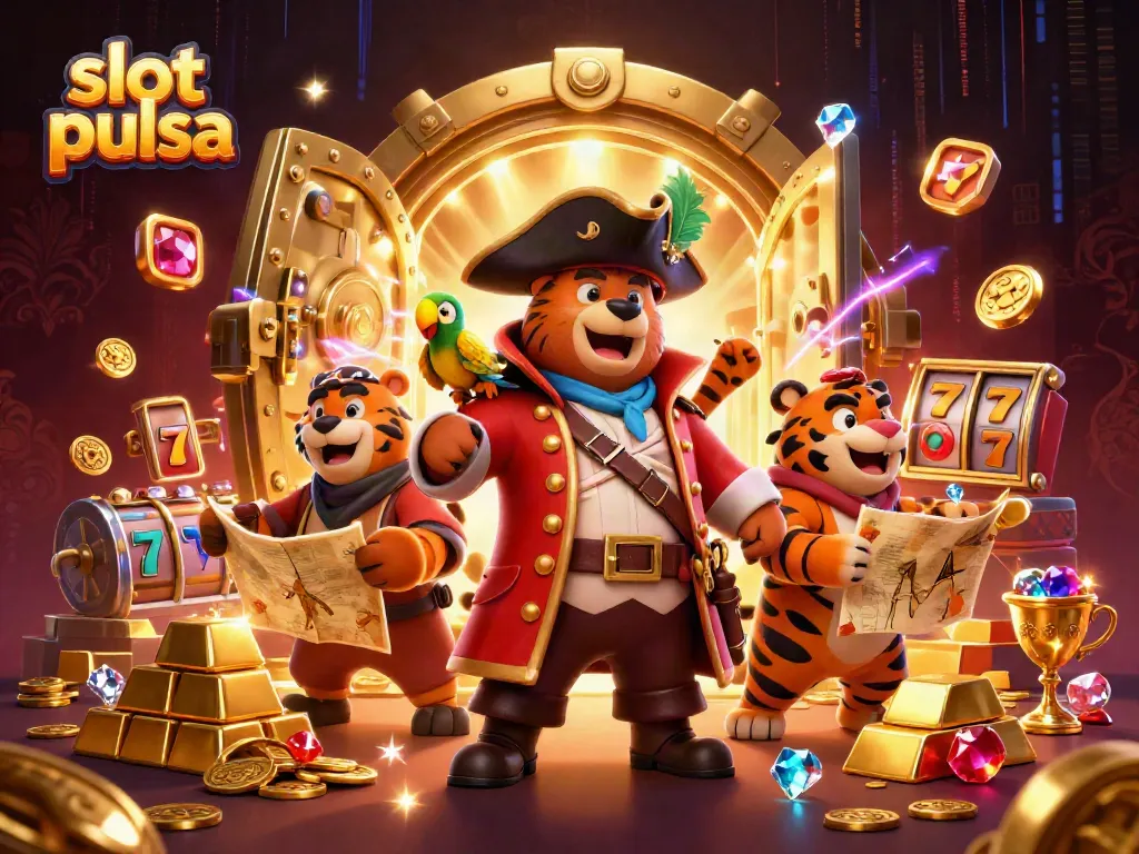Permainan slot pulsa yang mengasyikkan dengan beruang bajak laut dan harimau di tengah koin emas dan permata.