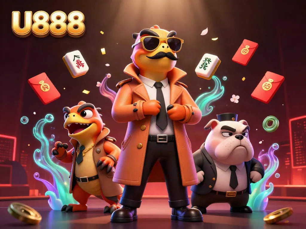 Experience vibrant gaming at U888's online casino, featuring raptors disguised in a trench coat for a comedic twist.