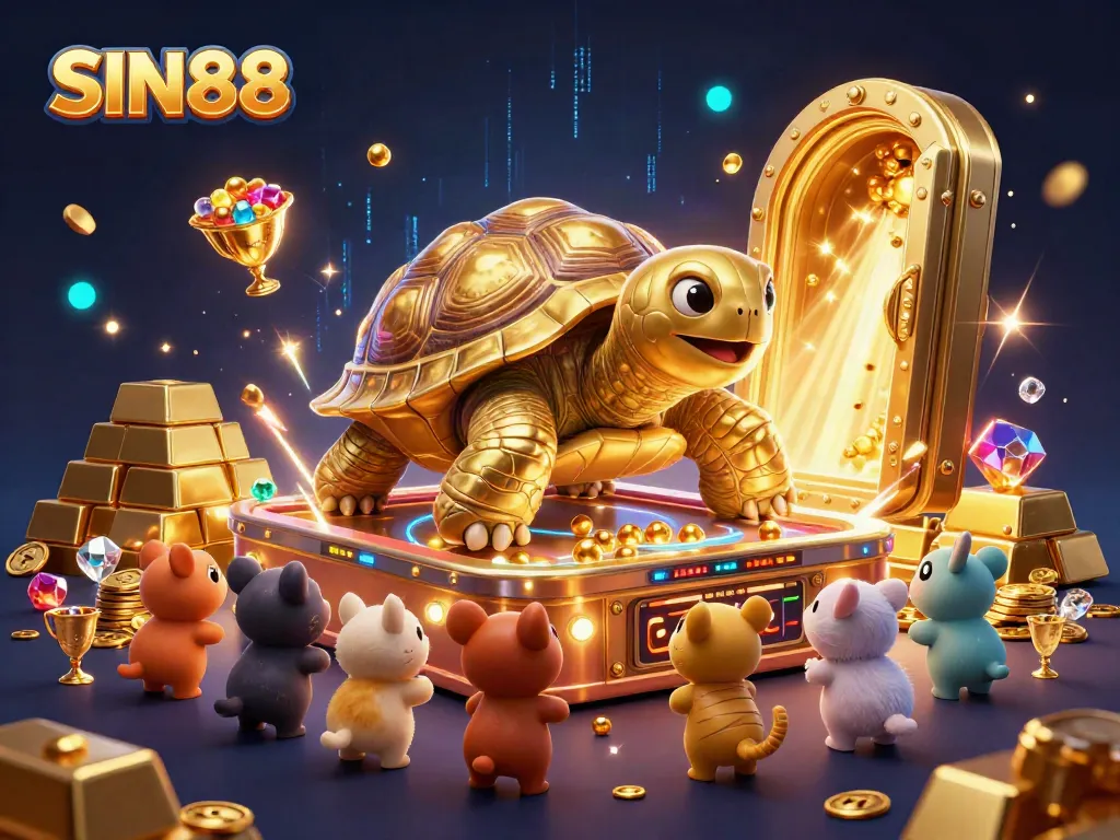 Experience the excitement of SIN88 with a vibrant 3D casino scene featuring a magical golden tortoise and treasure elements.