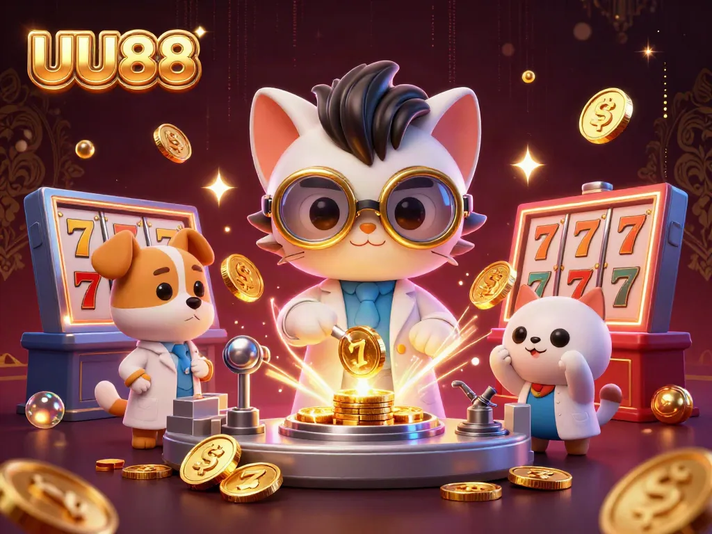 Win big at UU88 with a lively 3D illustration of a cartoon scientist creating gold coins amidst casino elements.