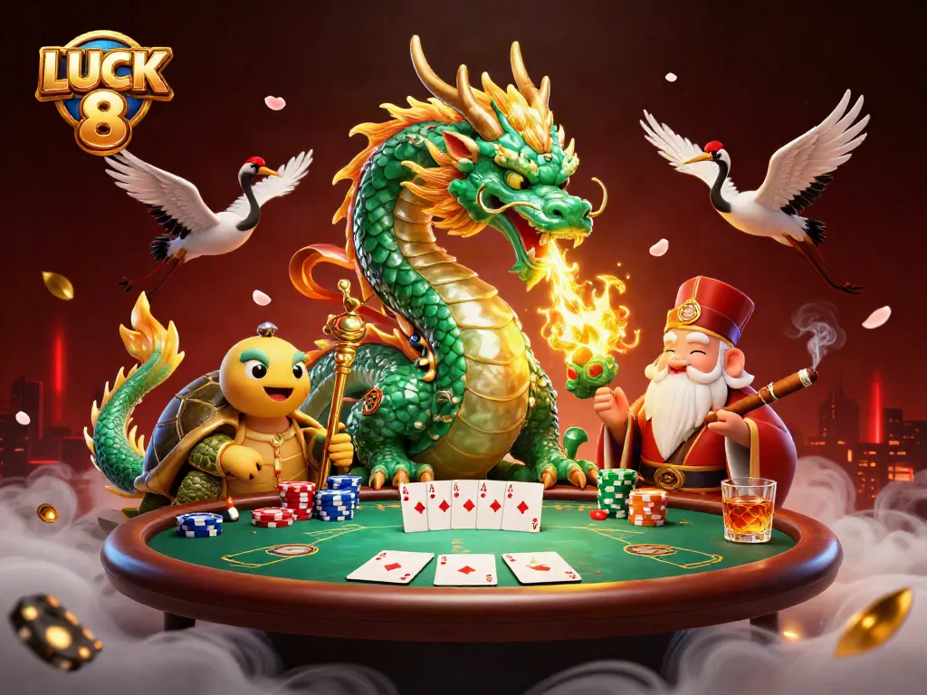 Experience thrilling gaming at LUCK 8, with vibrant illustrations of a jade dragon, turtle sage, and lucky cranes.