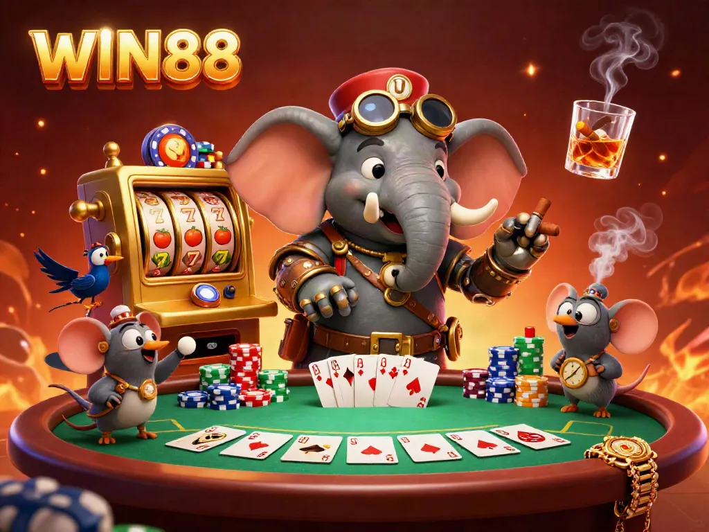 Experience the excitement of WIN88 with a vibrant 3D scene of a steampunk elephant and slot machine.