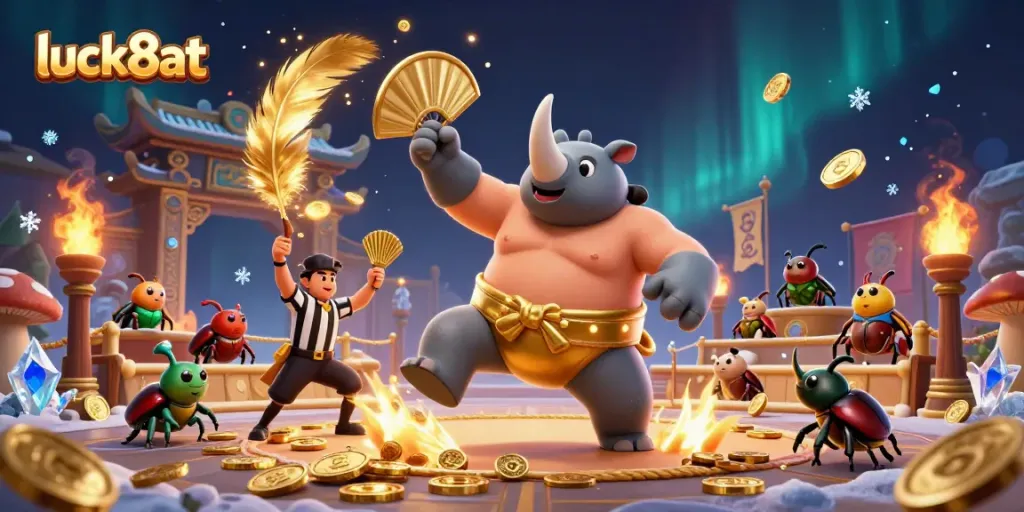 Experience the excitement of gameplay at luck8at with a dynamic 3D sumo wrestling scene featuring vibrant beetles and gold coins.