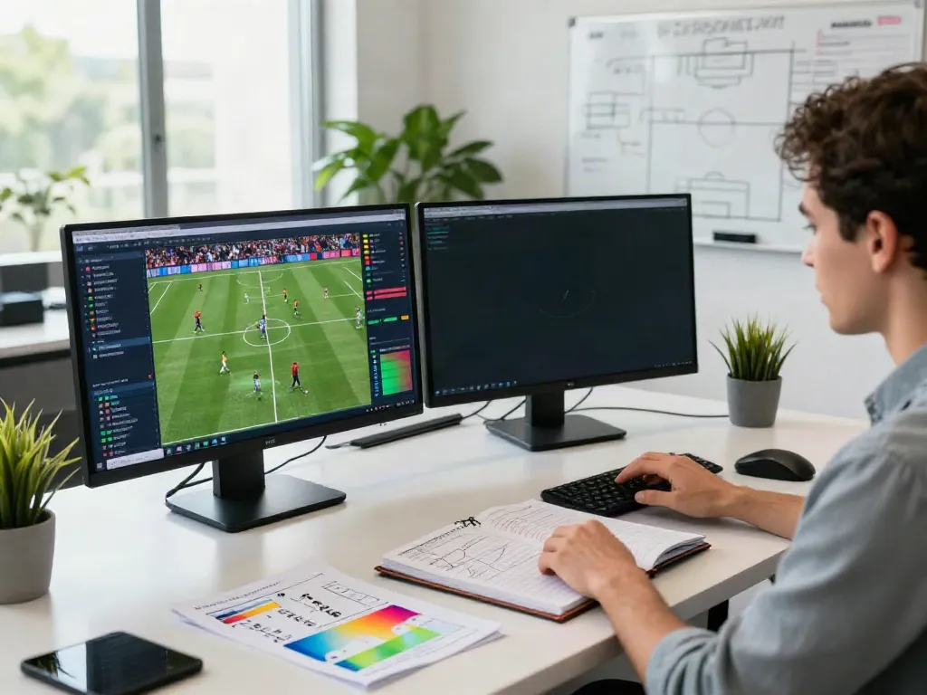 TOP10FOOTBALL analysis scene with a sports analyst reviewing player statistics and match data.