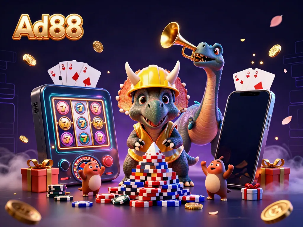 Win big with Ad88 at this vibrant casino scene featuring unique characters and exciting gaming elements.