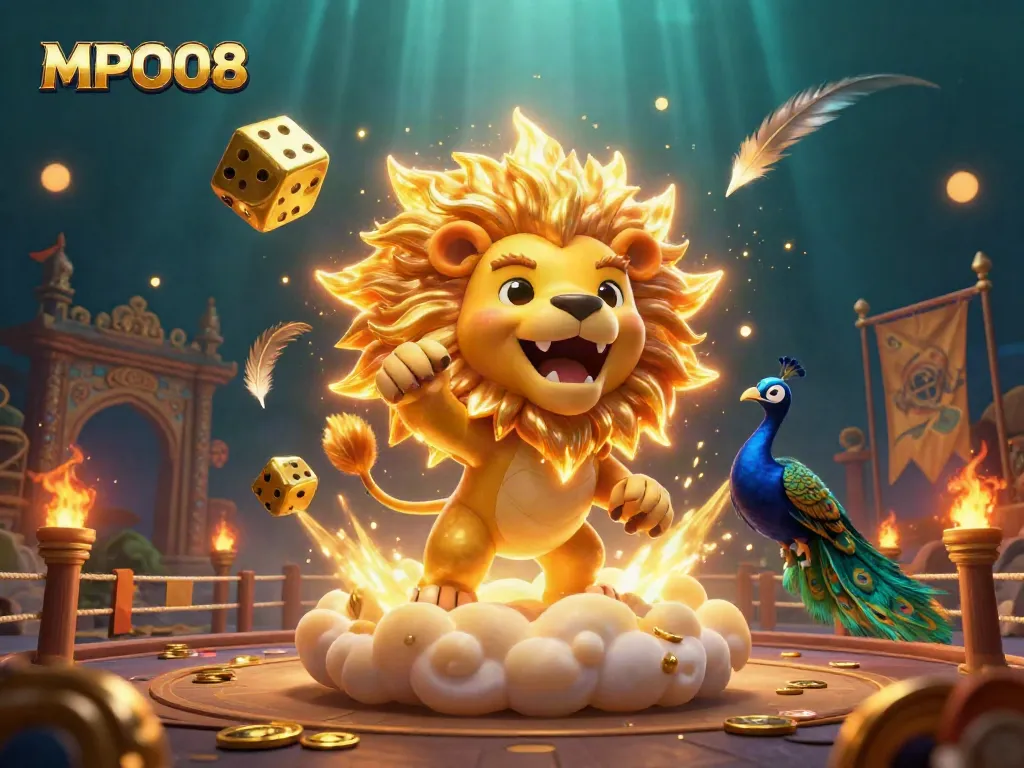 MPO08 players celebrate wins amid golden dice and vibrant casino elements in a thrilling online gaming scene.