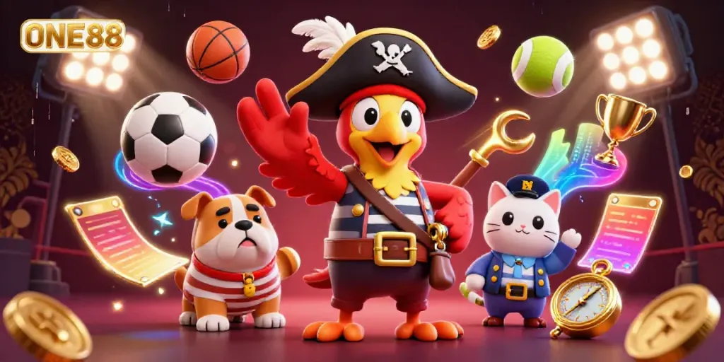 Engage with ONE88's vibrant sports betting scene featuring dynamic elements and characters.