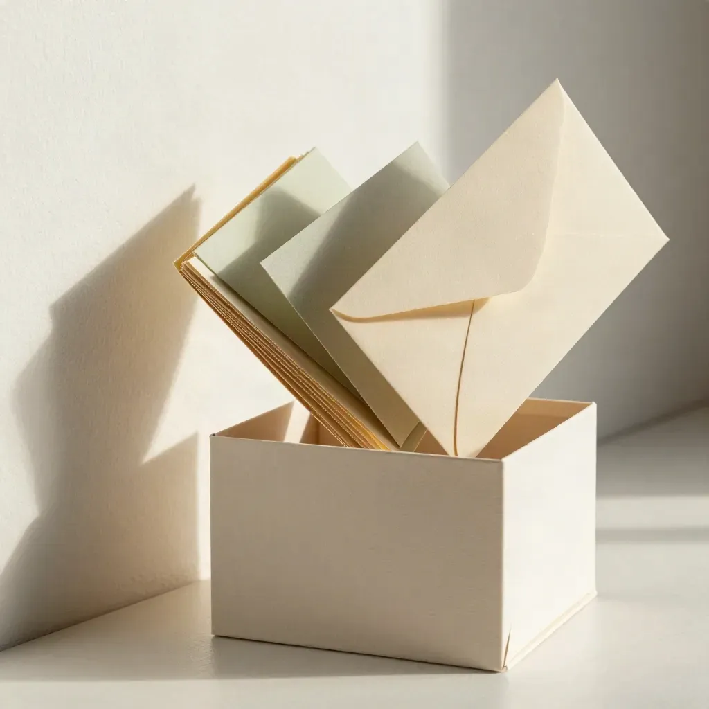 Floating birthday card box with folded cards and cream envelopes on a pale seamless studio field