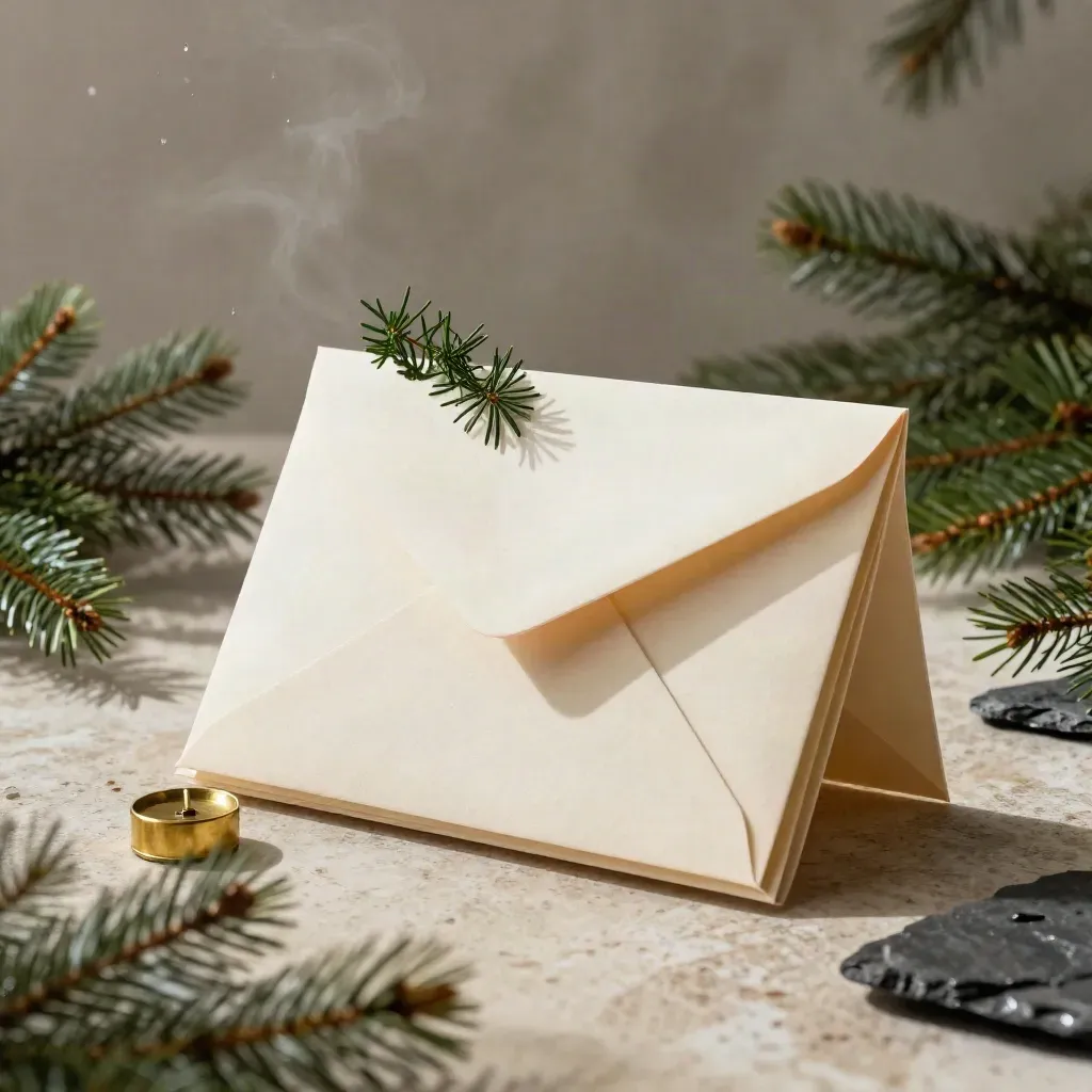 Holiday card pack, cream envelopes, evergreens and brass paperweight on rain-warmed stone