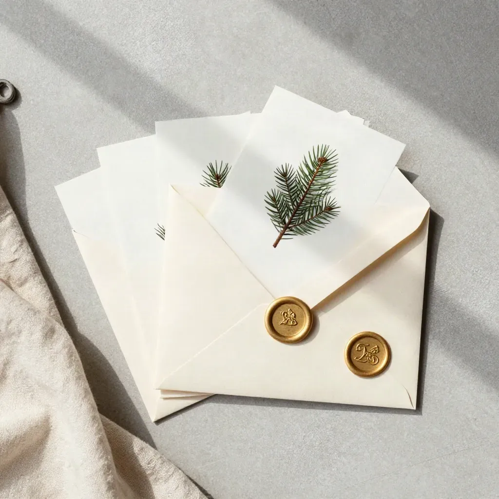 Top-down holiday card flatlay with linen, cream envelopes, pine sprig and gold accent.