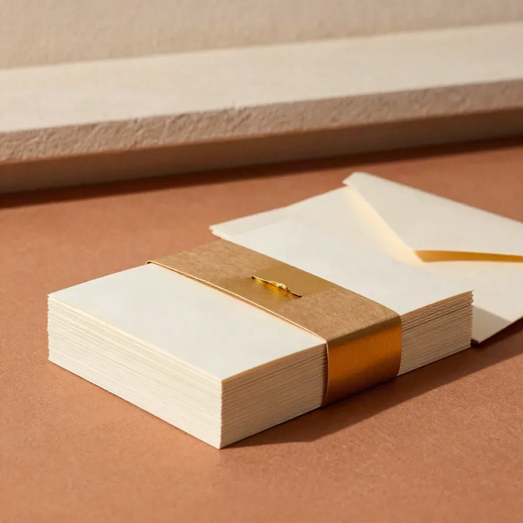 Small business note card stack with cream envelopes and gold band on terracotta slab.