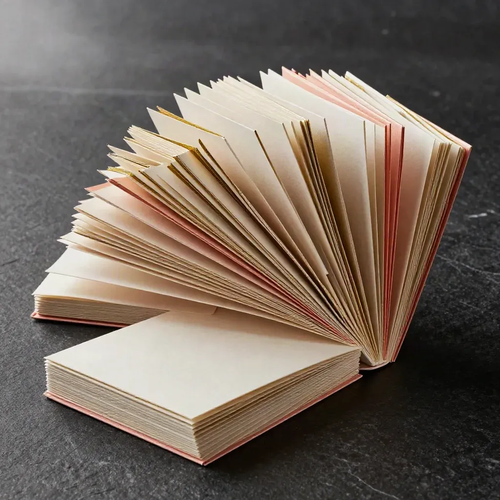 Fan of greeting card stacks on a matte-black studio surface, lit dramatically with coral accents.