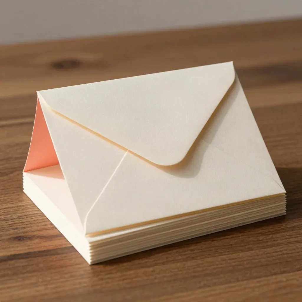 Stacked thank-you note cards with a peeking envelope and coral edge, close paper texture