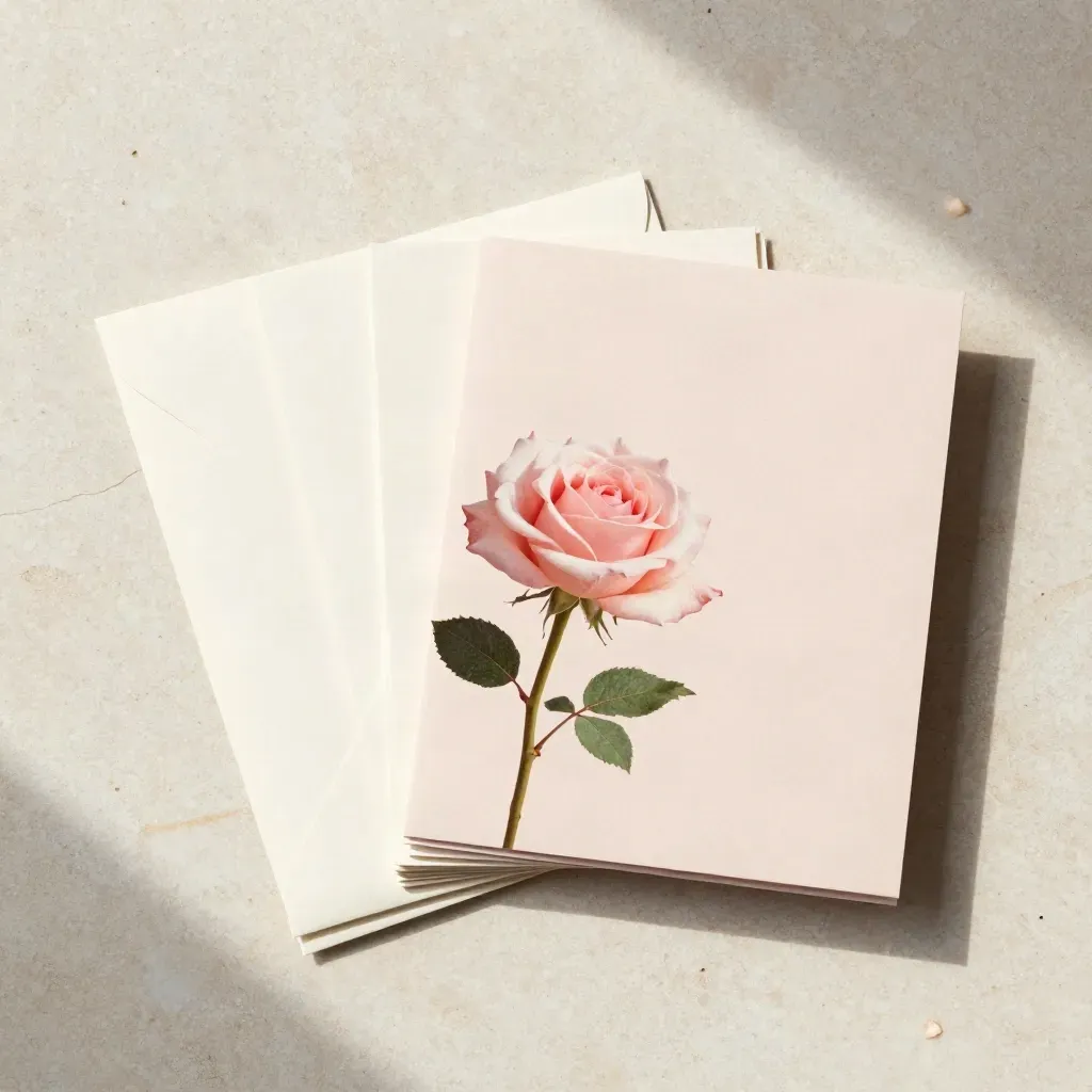 Rose birthday card set fanned with cream envelopes on travertine, one sample card open at the edge.