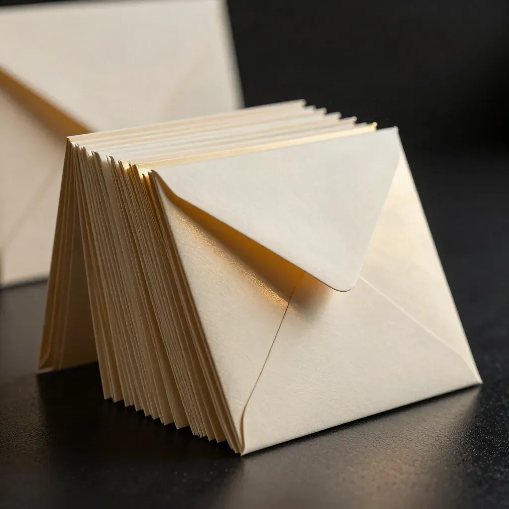 Gold-foil holiday card stack with cream envelopes on a dark studio surface