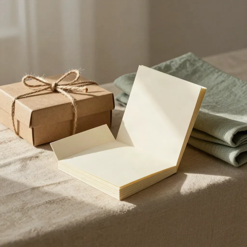 Unbranded note cards in a sleeve with twine and a kraft box on linen