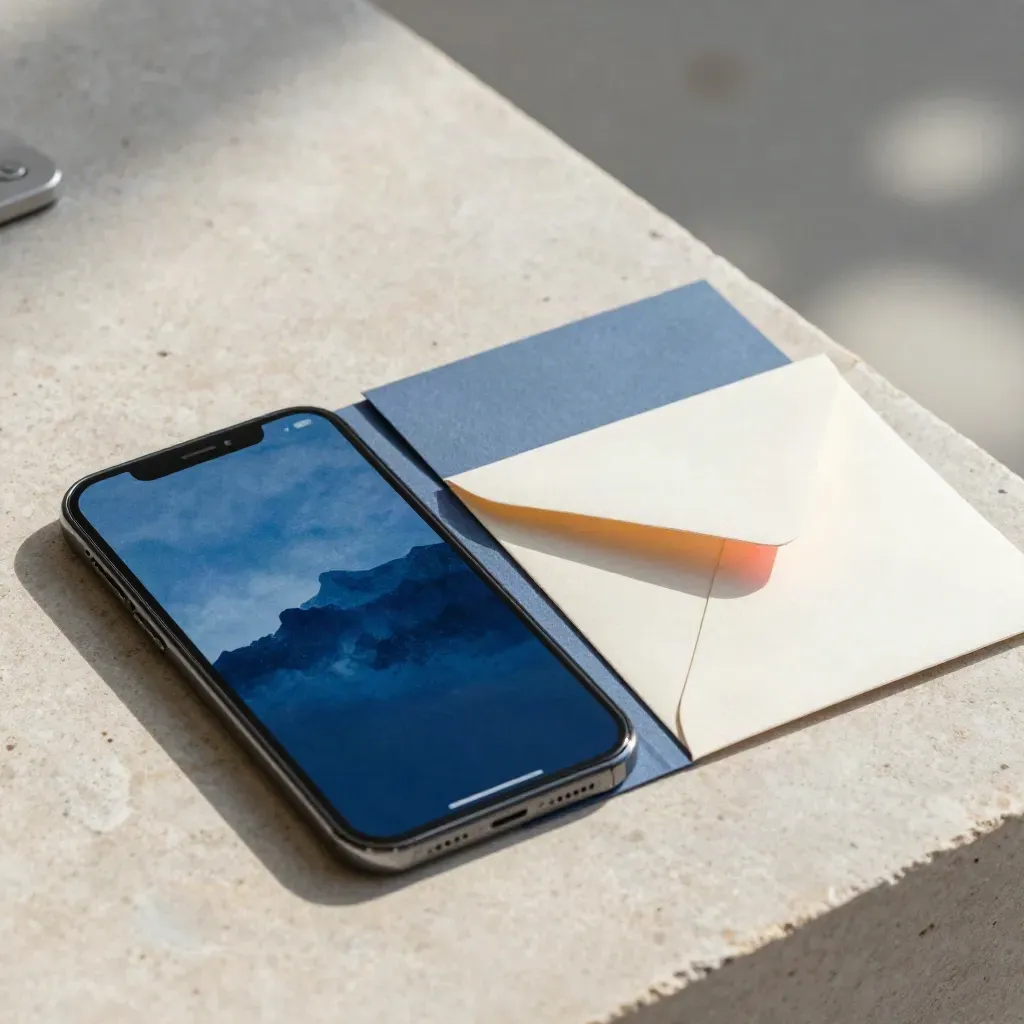 Angled phone with blue card bundle, envelope and insert on stone, lit by a cool glow.