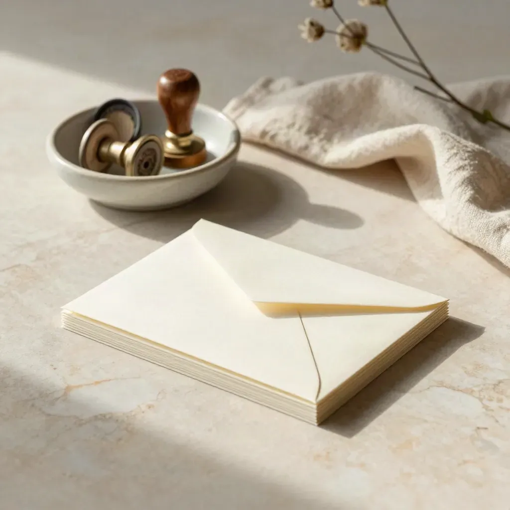 Cream birthday cards and stationery on pale marble with linen, bowl, and soft stems above.