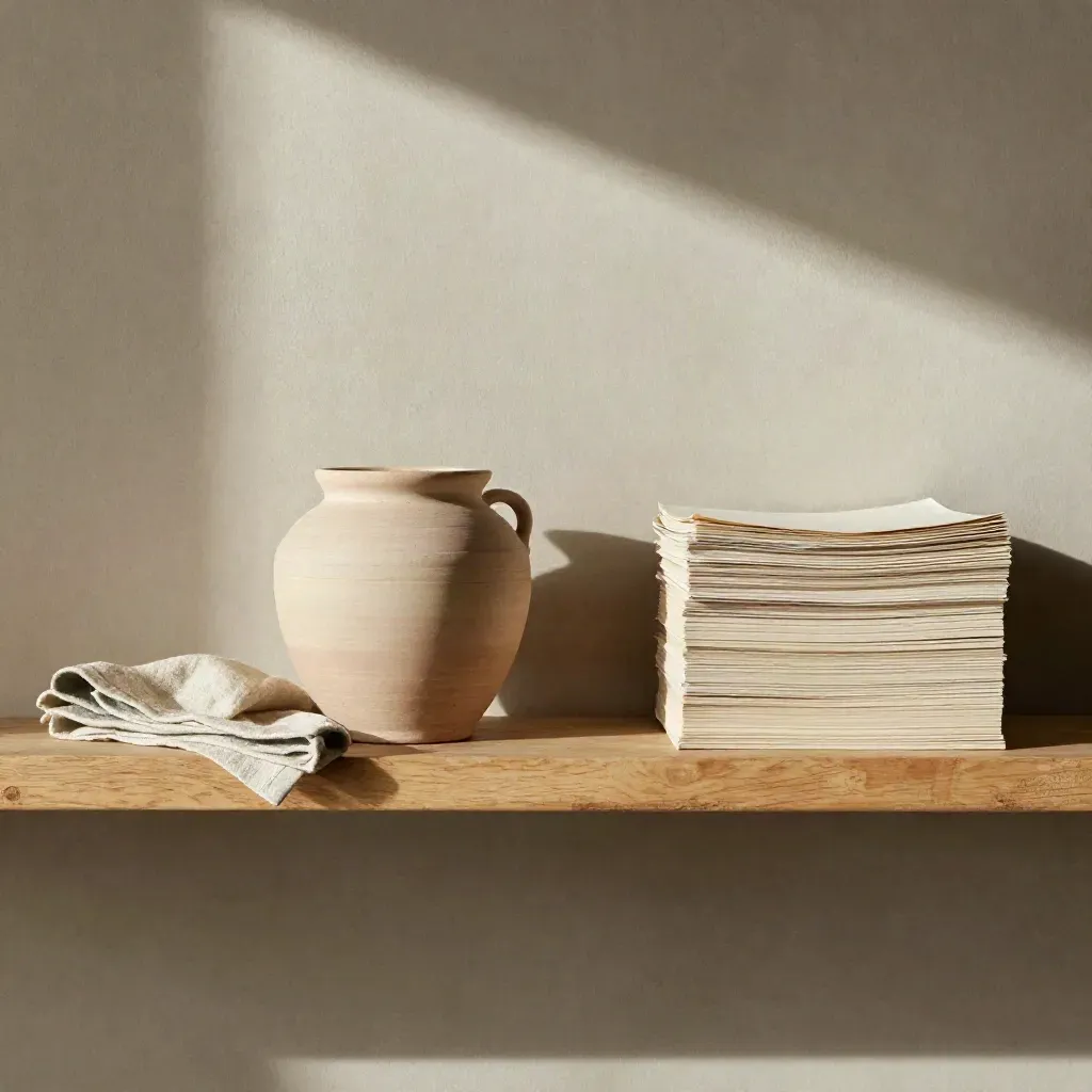 Warm shelf with clay vessel, folded cloth and paper stack in soft window light.
