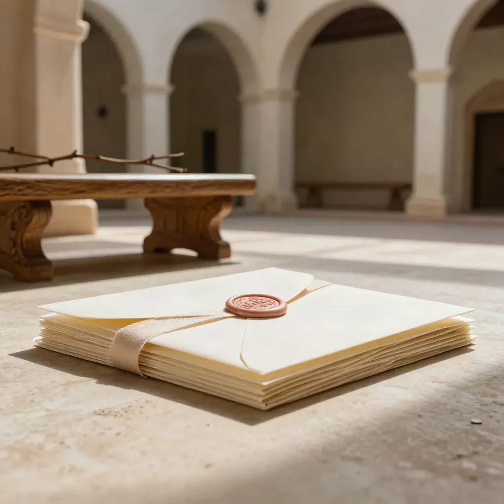 Cream wedding invitation suite on an oak bench in a sunlit plaster arcade with a dried branch and long shadow.
