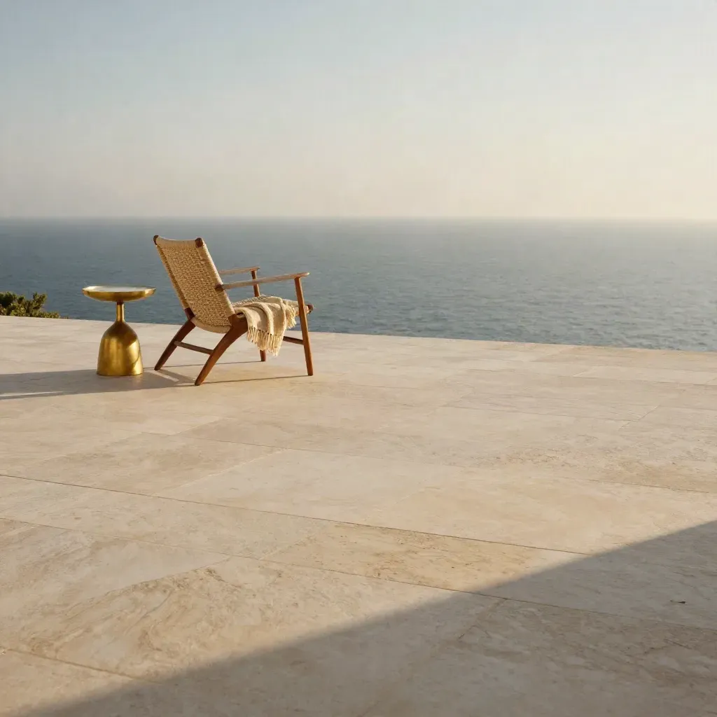 Sunlit stone terrace with chair, throw, and hazy horizon at golden hour.