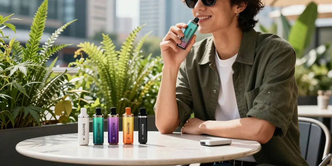 Enjoying the Boutiq Switch V4 disposable vape in a stylish outdoor café setting, showcasing modern cannabis vaping culture.