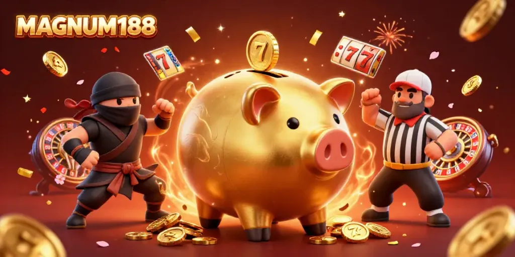 Play exciting casino games with MAGNUM188's vibrant slot action featuring unique characters and elements.