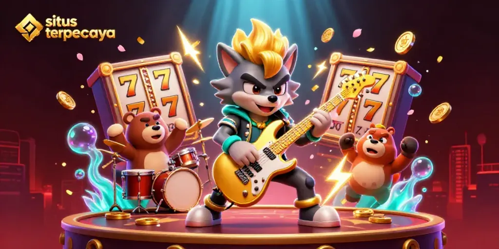 Ilustrasi kasino digital 3D menampilkan karakter wolf dan bear dalam pertunjukan, mempromosikan situs terpercaya untuk permainan slot.
