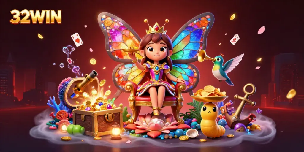 Experience the vibrant world of 32WIN with a lively scene showcasing a butterfly queen and whimsical casino elements