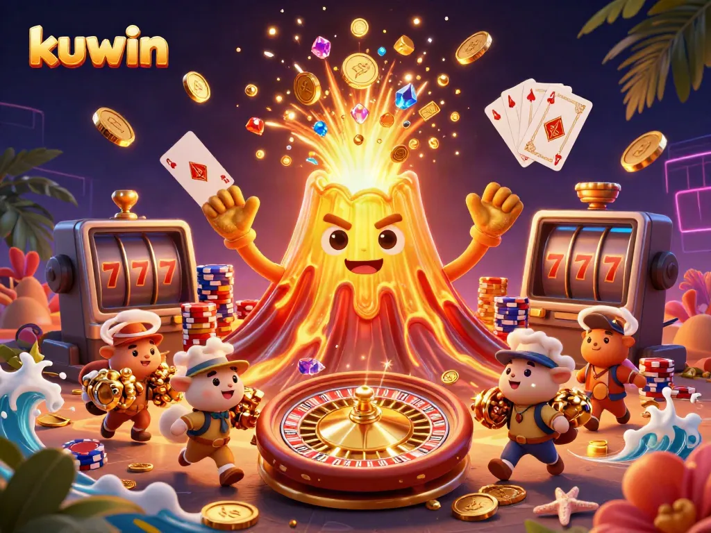 Experience excitement with kuwin as treasures flow from a triumphant volcano amidst gambling elements.
