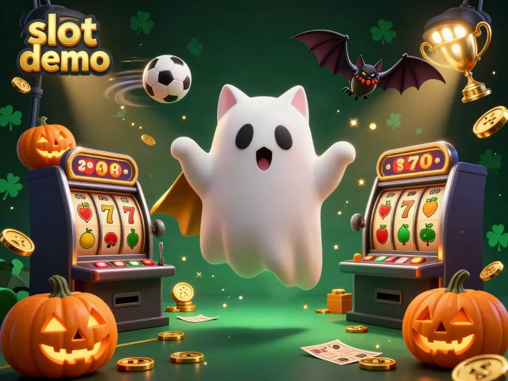 Engage in thrilling slot demo experiences with a playful ghost cat and vampire bat in a vibrant casino scene.