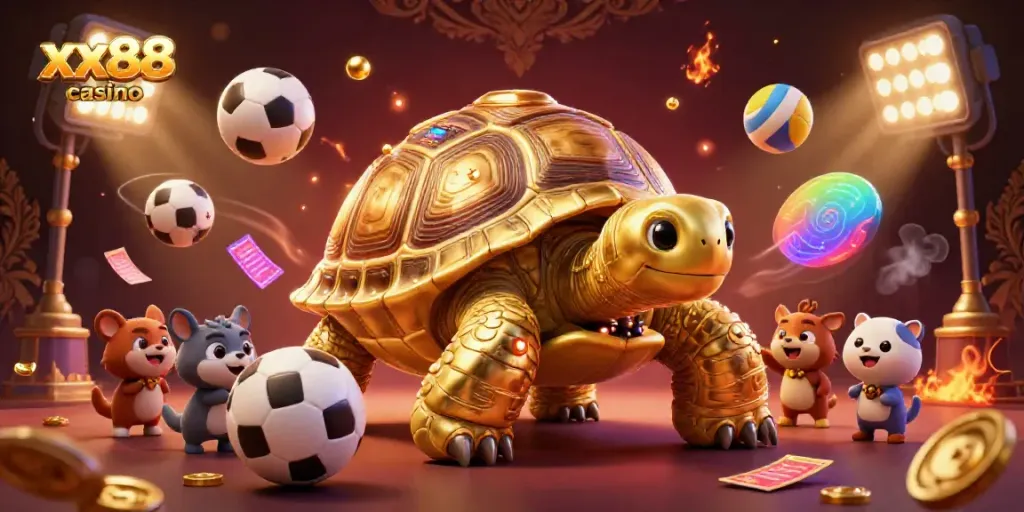Engage in thrilling gameplay at xx88 casino with vibrant animals and sports-themed golden elements.