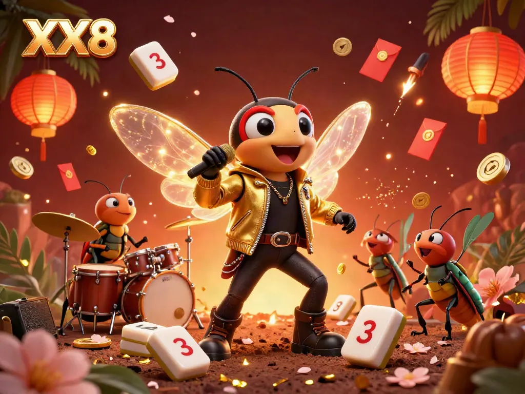 Engage with the thrilling atmosphere of XX8's gambling world featuring an electrifying cicada rock star and vibrant game elements.