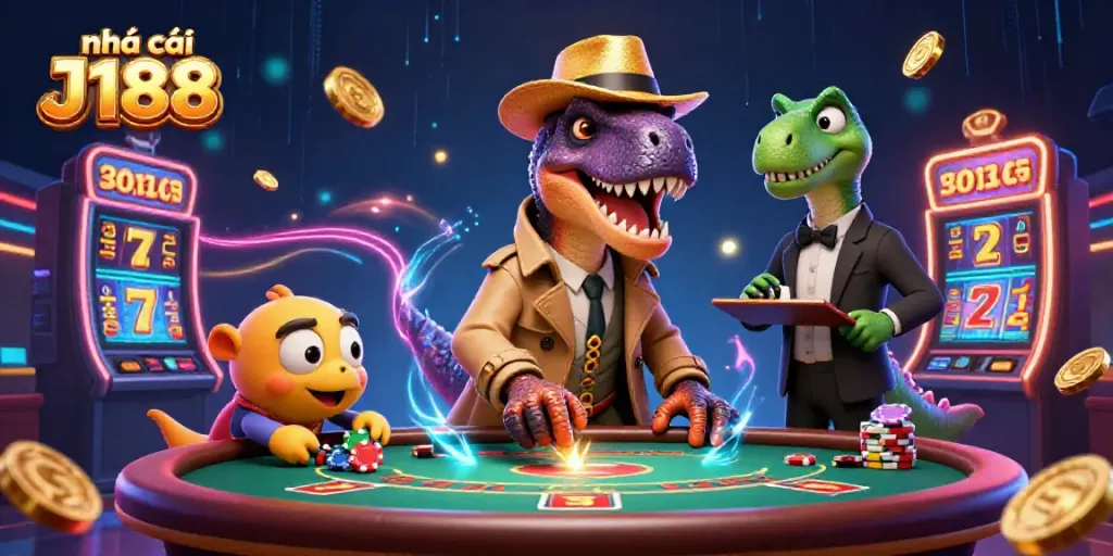 Experience the excitement of nhà cái J188 with a thrilling 3D scene featuring a velociraptor card counter and casino elements.