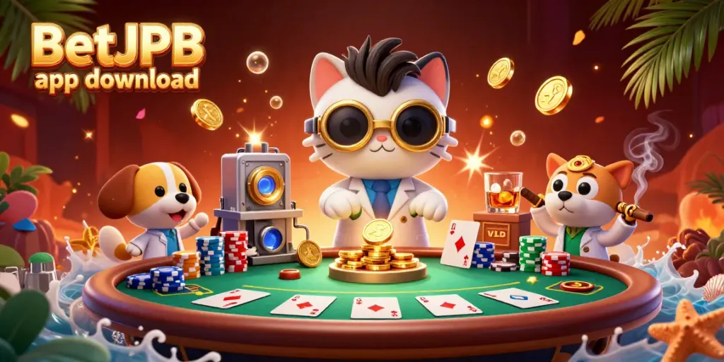 Experience the BetJDB app download in a vibrant casino-themed 3D scene with characters surrounded by poker elements.