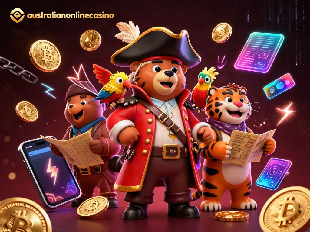 Engage with thrilling gameplay at australianonlinecasino featuring animated gambling characters and crypto elements.