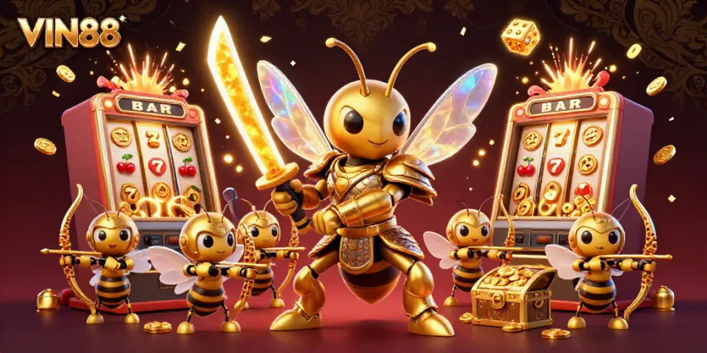Witness the excitement of VIN88 gaming with a vibrant scene of characters and rewards in action.