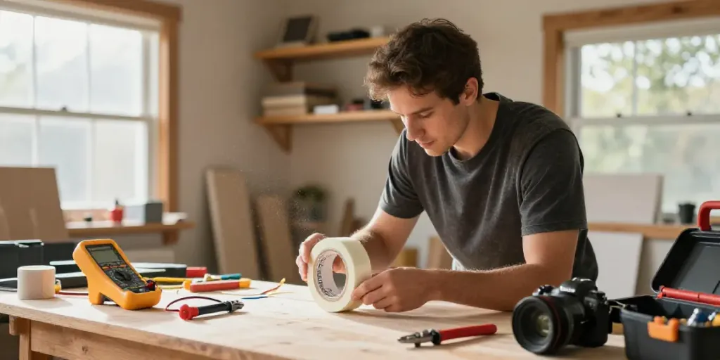 Craftsman using Super33 tape in an organized workshop.