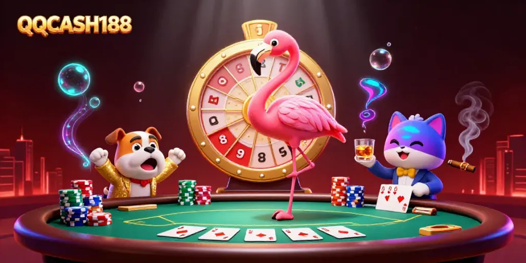 Experience the excitement of QQCASH188 as cartoon characters celebrate in a vibrant digital casino scene.