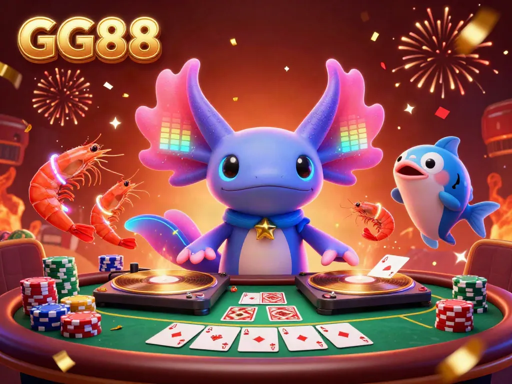 Experience GG88 with vibrant party vibes featuring a neon axolotl DJ and poker elements.